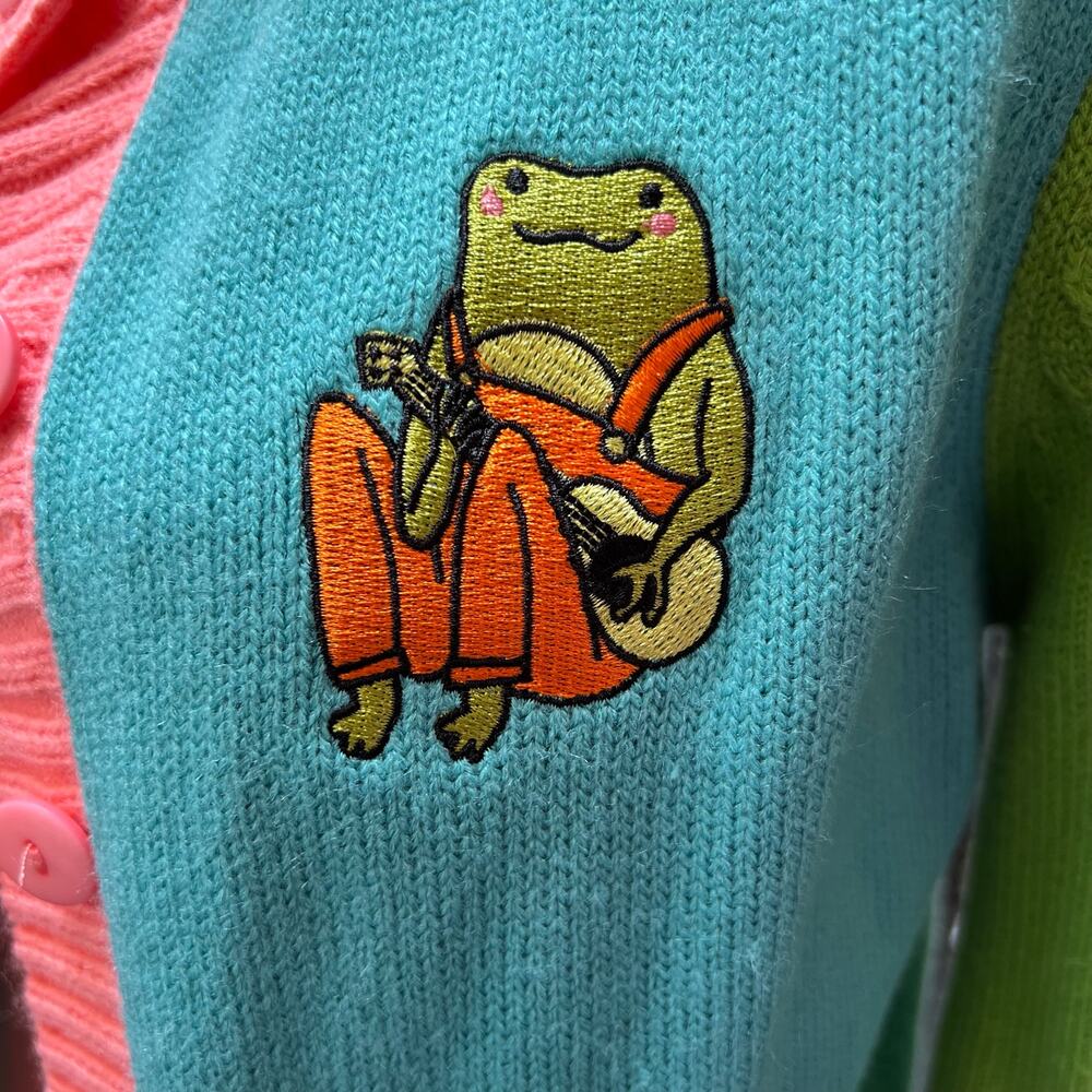 Unique Vintage Frog Cardigan Sweater M/L Colorblock Pink Blue - Picture 4 of 6